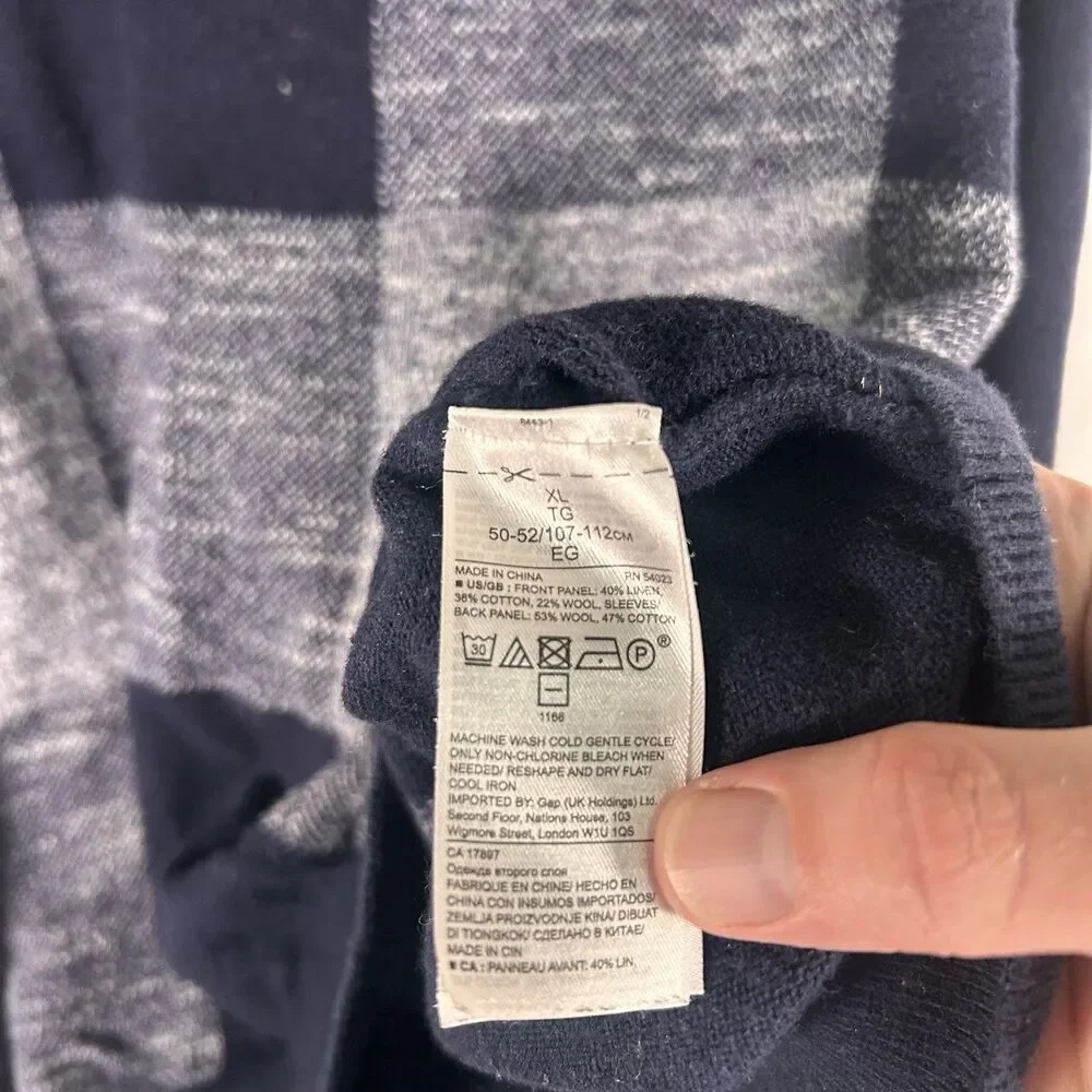Banana Republic Linen Wool Sweater Men's XL Blue Plaid Long Sleeve Crew Pullover